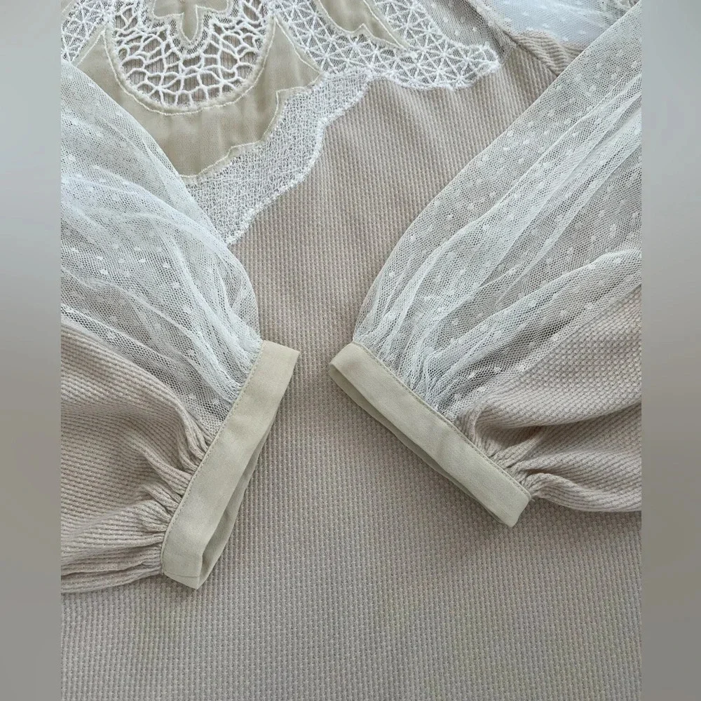Free People Toni Top Embroidered Lace Long Sleeve Knit in Morning Oat Si…
